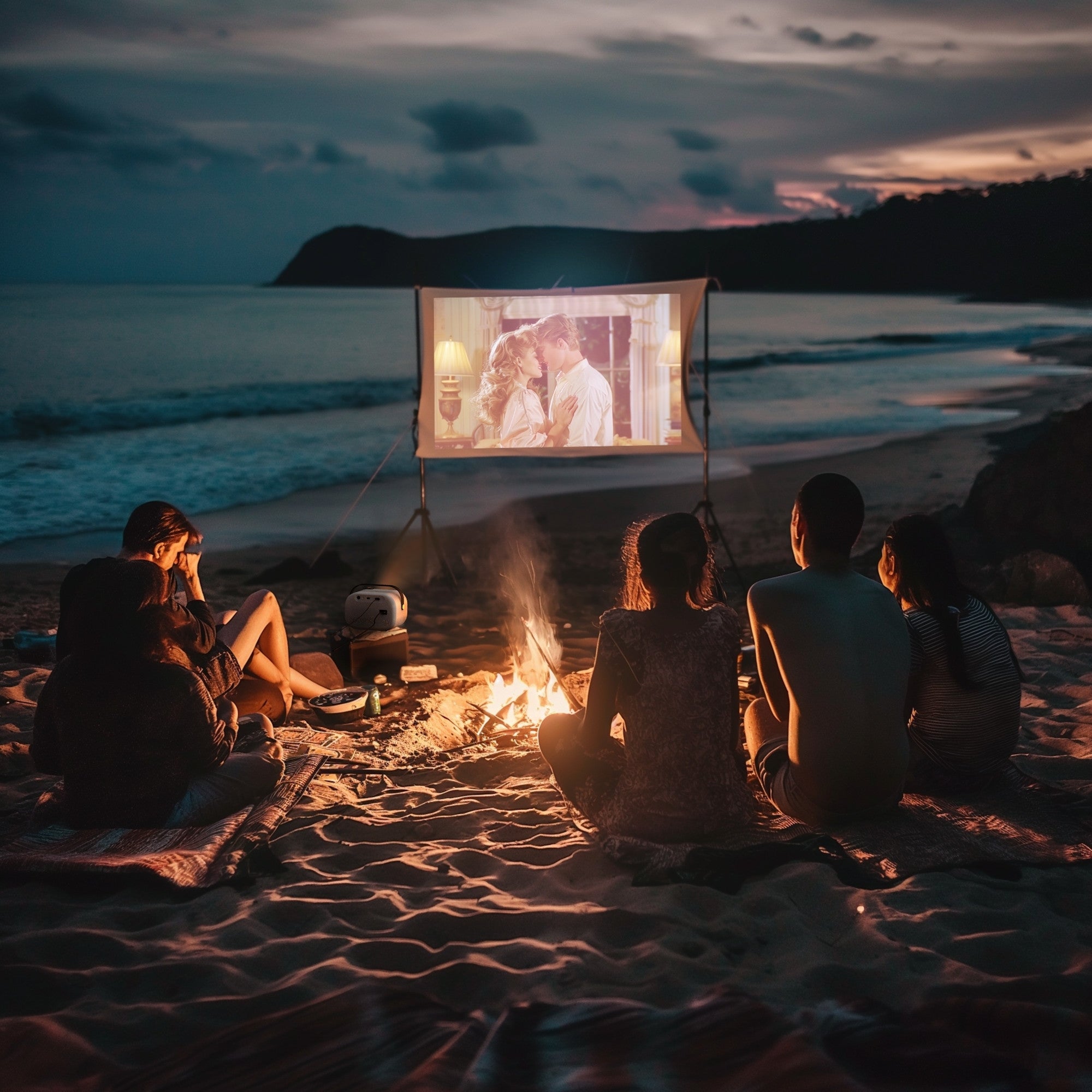 A group of friends sits on a sandy beach at dusk, gathered around a small campfire. In front of them, a Lumi projector screen displays a romantic scene from a movie, with a couple sharing a kiss. The ocean waves are visible in the background under a darkening sky, creating a serene and intimate atmosphere. The setup highlights an outdoor movie night experience, enhanced by the warm firelight and ambient coastal setting.