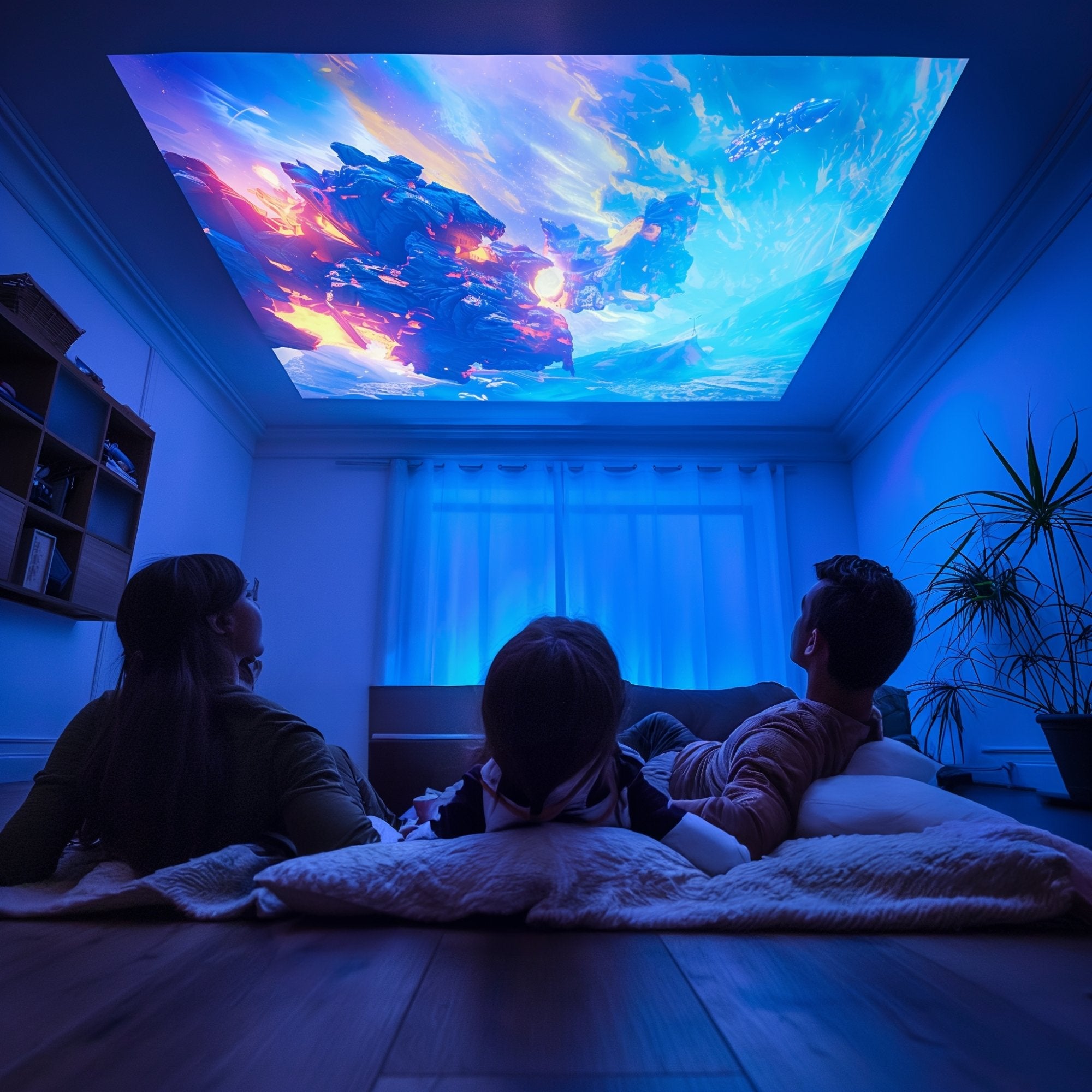 A family of three lies on the floor, gazing up at a vibrant movie scene projected onto the ceiling. The room is softly illuminated with blue ambient lighting, creating a cozy atmosphere. The Lumi-1 projector casts a high-definition image of an epic space battle, showcasing its ability to project on unconventional surfaces like the ceiling, enhancing the home theater experience.