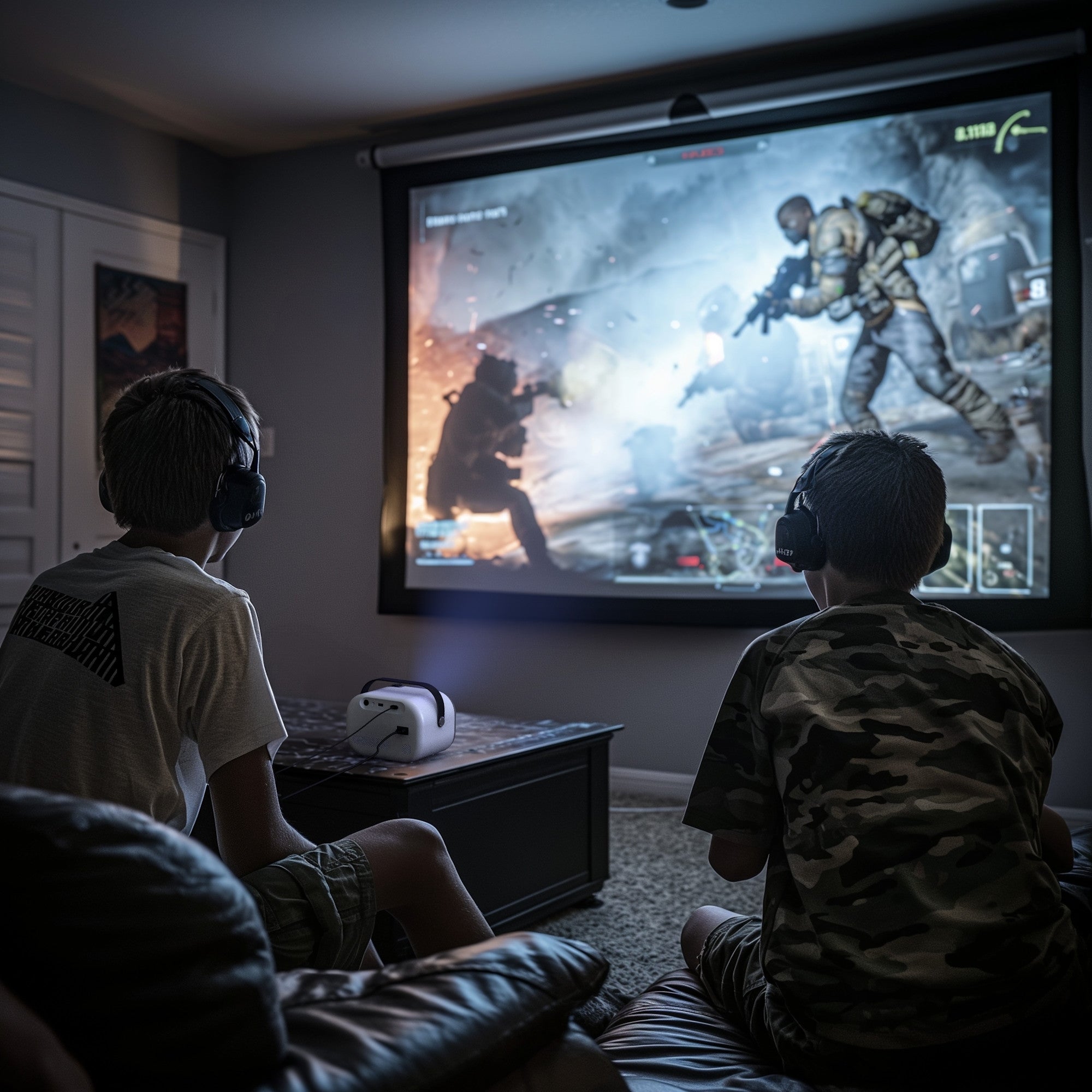 Two young boys wearing headphones are seated on a couch in a dimly lit room, engrossed in a video game projected on a large screen. The Lumi-1 projector sits on a table in front of them, casting a clear, vibrant gaming scene with realistic graphics, featuring soldiers in action. The setup showcases Lumi-1's immersive gaming experience with its high-quality projection suitable for home entertainment.