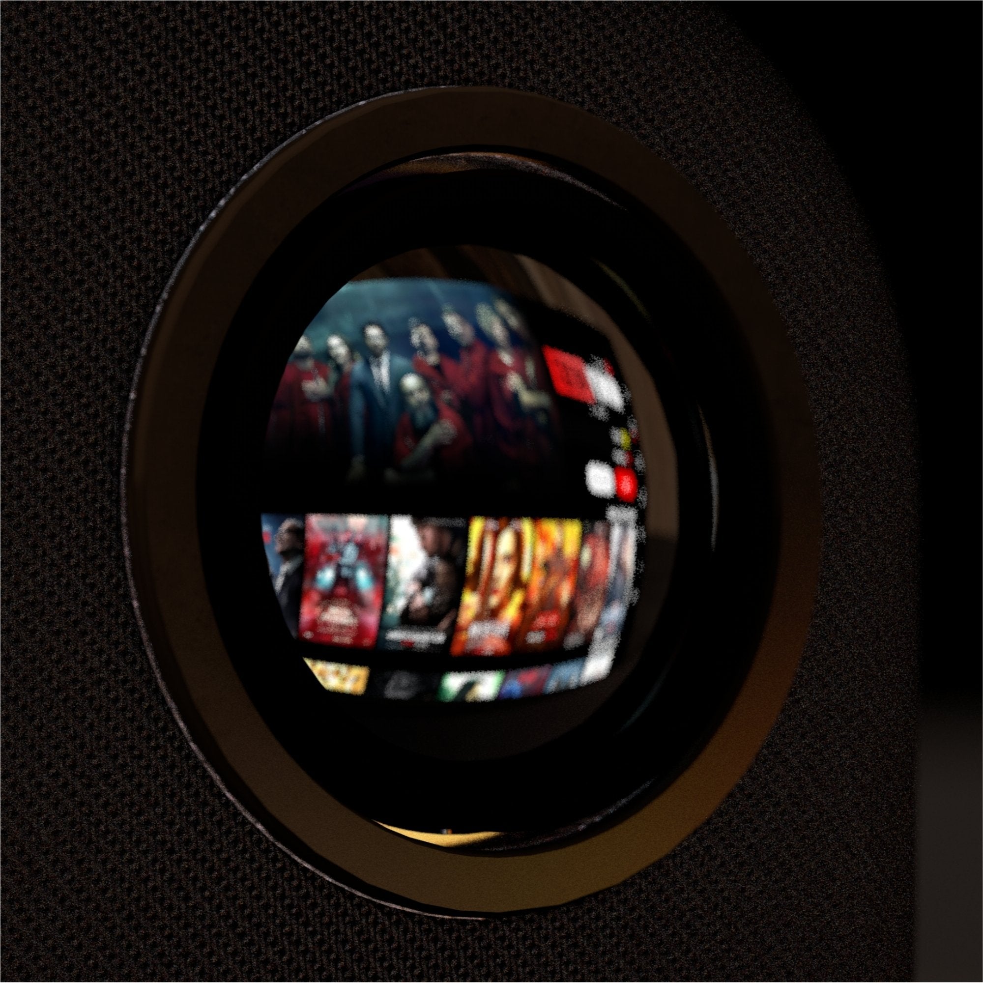 Close-up view of the Lumi projector lens, reflecting a popular streaming platform with various movie and series thumbnails visible.