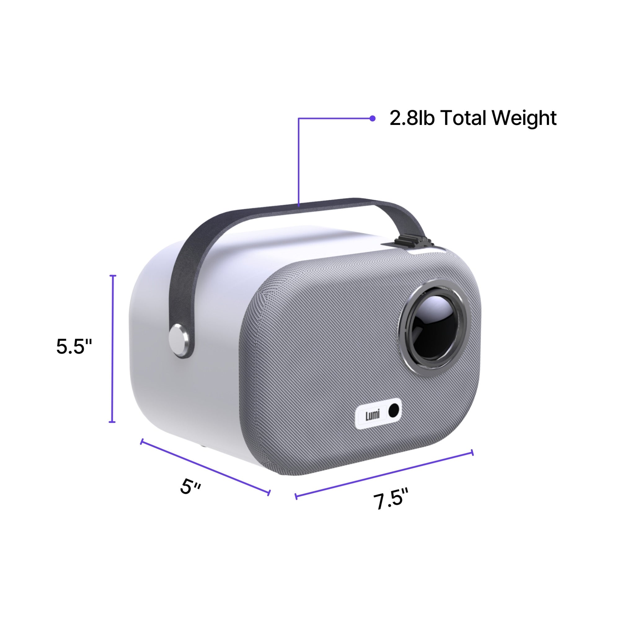 Lumi projector dimensions with measurements: 5 inches in width, 7.5 inches in length, 5.5 inches in height, and a total weight of 2.8 pounds.