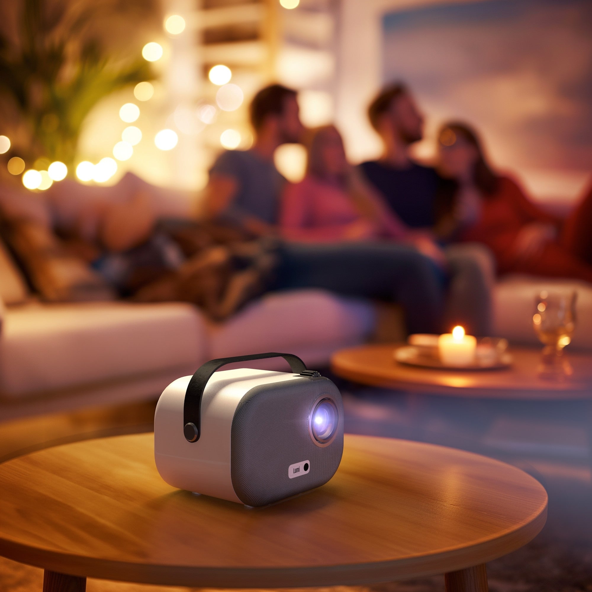 A compact Lumi-1 projector sits on a coffee table, its lens glowing as it projects a video. In the softly lit background, a group of friends sits together on a couch, creating a warm, cozy atmosphere with candles and string lights. The image emphasizes the projector’s role in enhancing social gatherings, adding to the intimate ambiance of a movie night at home.