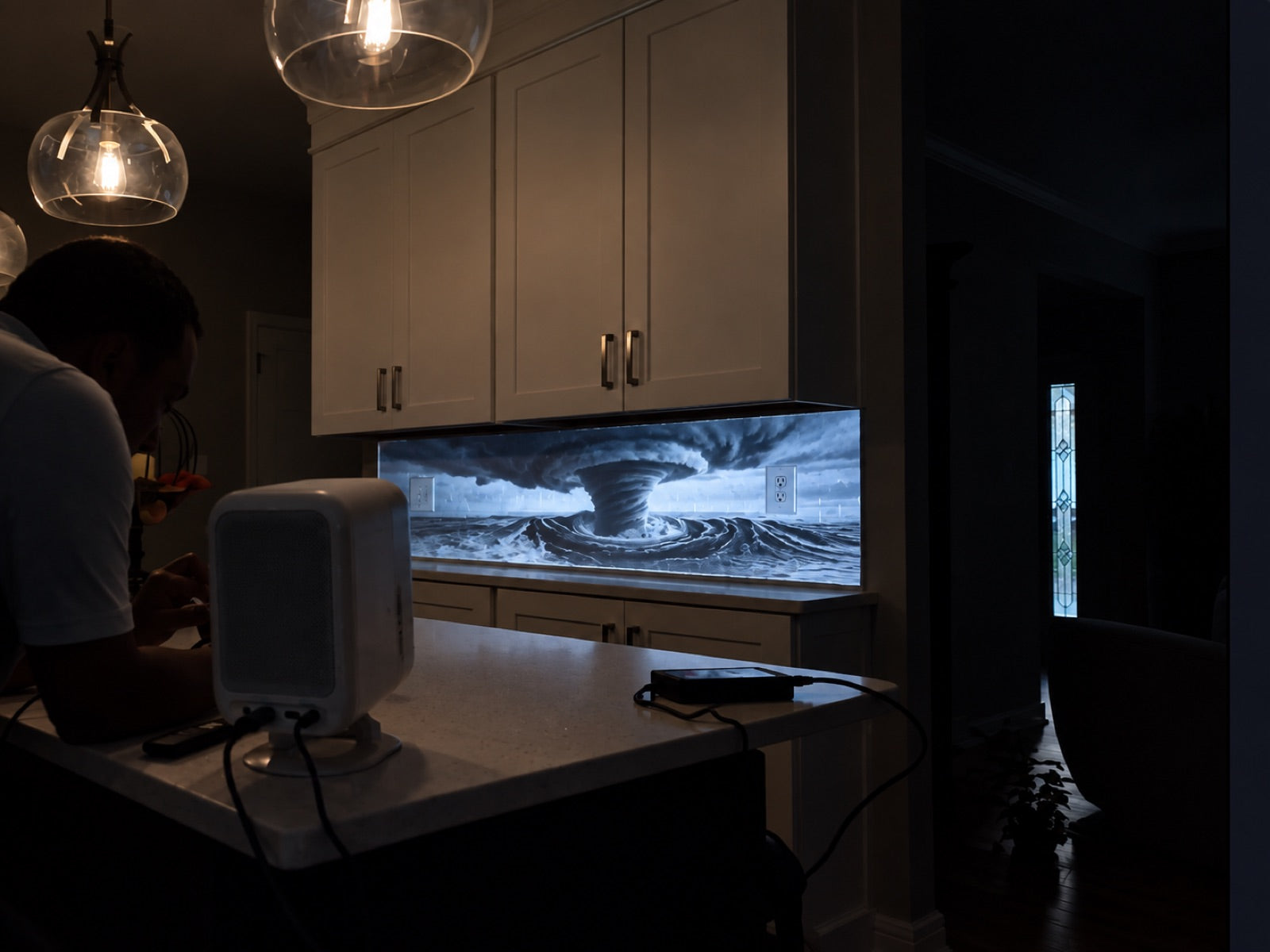 Storm and tornado projection mapped across a kitchen backsplash