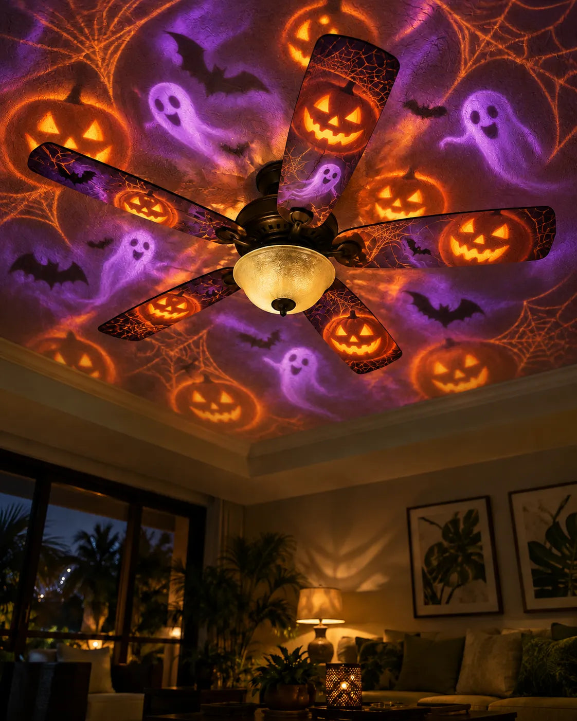 Halloween projection mapped across a ceiling fan
