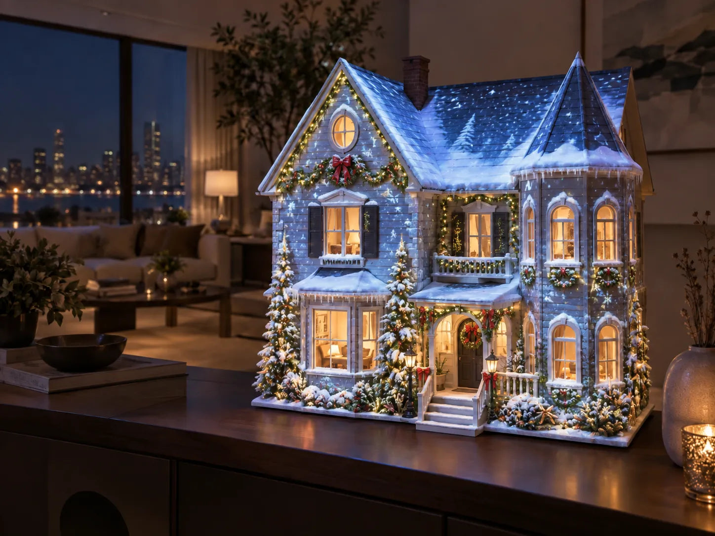 Dollhouse projection mapped with a winter holiday theme