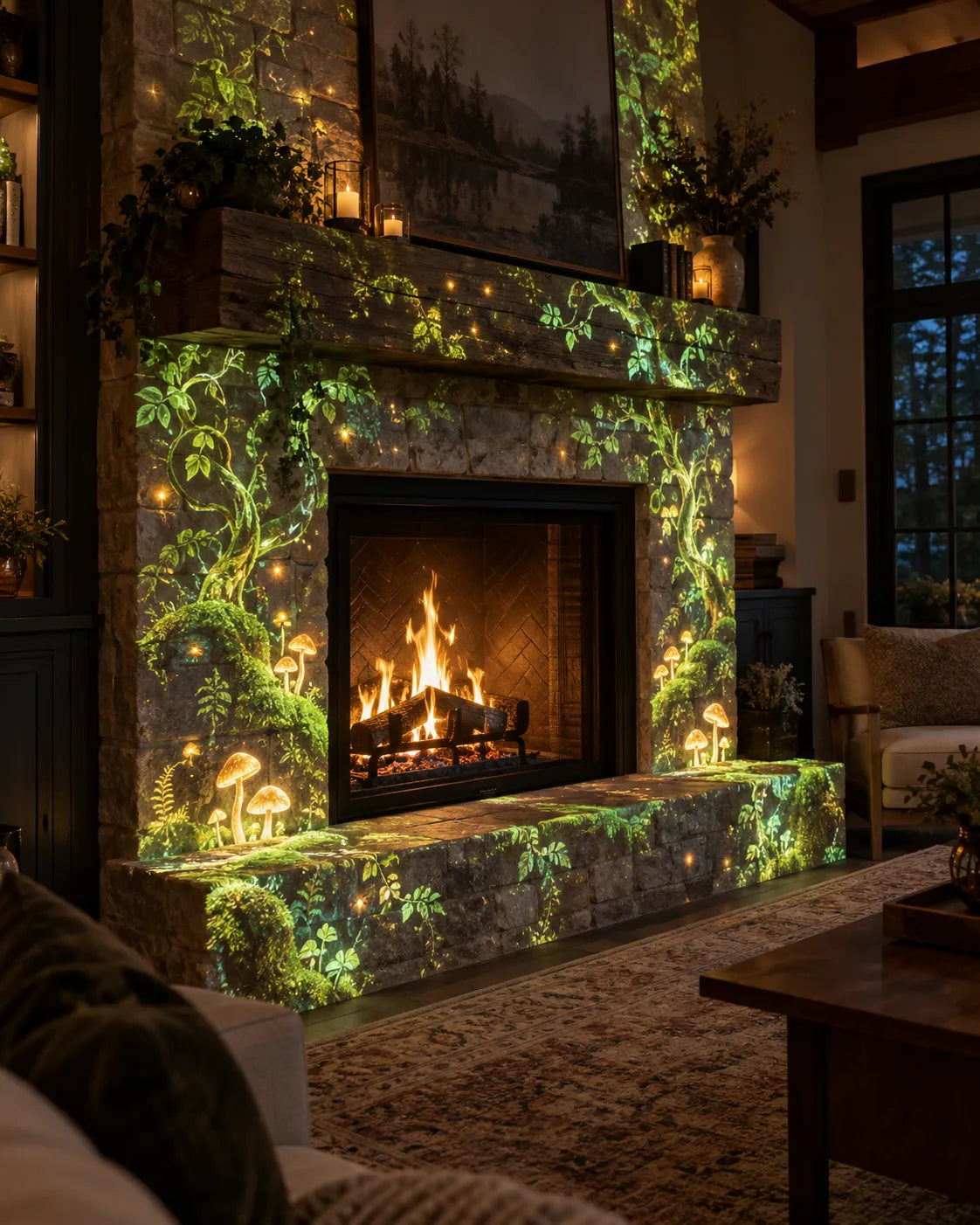 Forest projection mapped across a stone fireplace