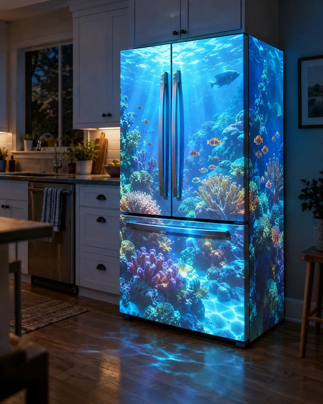 Underwater projection mapped across a refrigerator in a kitchen